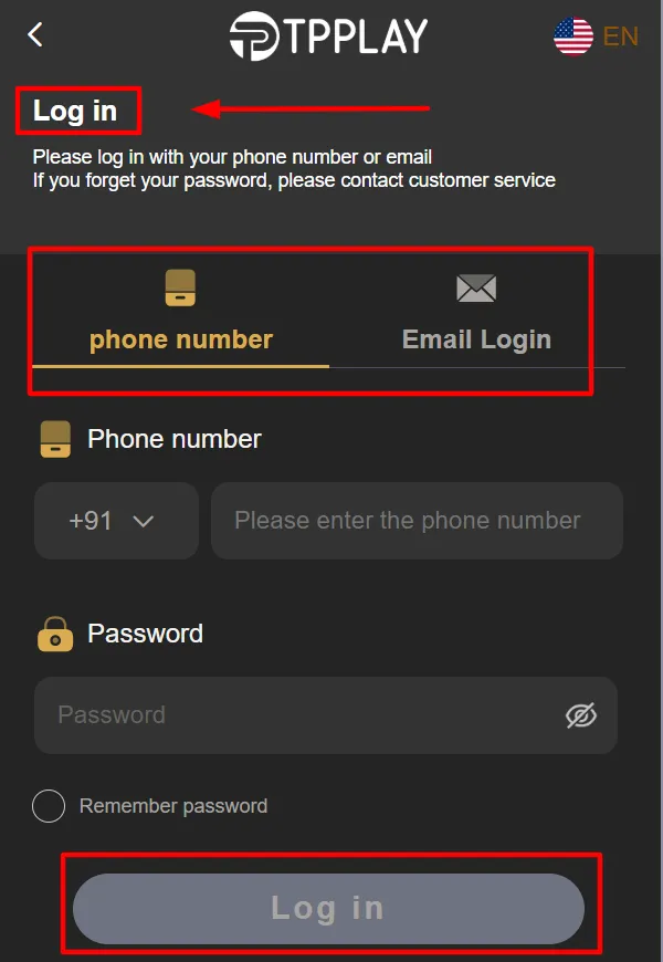 TPPlay login screen for signing in